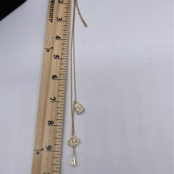 Faux Diamond Key & Lock Pendant Necklace Gold-Tone Titanium Steel 46cm Chain - Picture 5 of 7